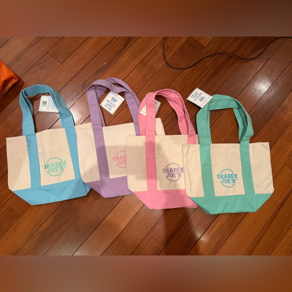 Trader Joe's Easter pastel mini Canvas Tote Bag Set - Blue, Purple, Pink, Green